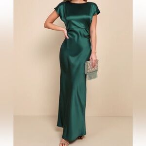 Captivating Presence Forest Green Satin Cowl Back Maxi Dress NWOT